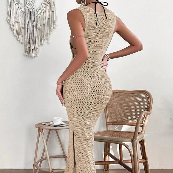 Apricot Casual Womens Hollow Out Split Thigh Cover Up Dress Without Bikini - Picture 2 of 5